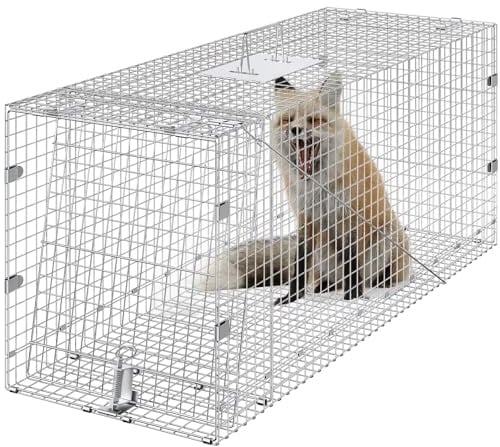 VEVOR Live Animal Cage Trap, 42 x 16 x 18 Humane Cat Trap Galvanized Iron, Folding Animal Trap Cage with Handle for Stray Dogs, Armadillos, Raccoons, Foxes