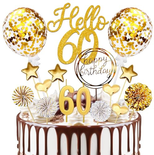 Tortendeko 60 Geburtstag Frau Mann, 20 Pcs Tortendeko Gold Deko 60 Geburtstag, Cake Topper mit Geburtstagskerzen, für 60 Geburstagstorte Deko