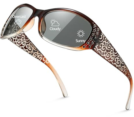 TJUTR Selbsttönende Polarisierte Sonnenbrille für Damen mit UV400 Schutz, Wrap-Around Design mit Strass und graviertem Bügel