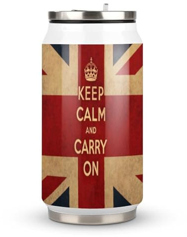 Keep Calm and Carry On UK Flag Stainless Steel Travel Mug Insulated Tumbler Water Bottle Coffee Cup with Lid and Straw 300ml