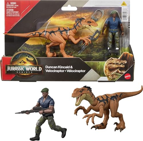 Mattel Jurassic World Rebirth Human & Dinosaur Figure Pack, Duncan Kincaid & Velociraptor, Movie Accurate 3.75 Inch Scale, Posable Collectible