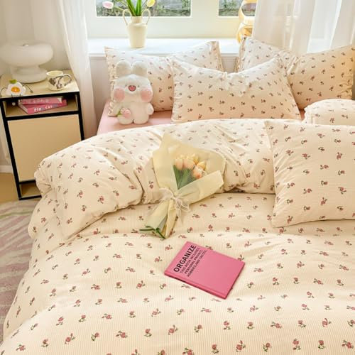 Covebett Housse de Couette 220x240 Beige Rose Fleurie Imprimée Motif Fleurs à Rayures Parure de Lit Floral Microfibre Ado Fille Linge de Lit Adulte et 2 Taie Oreiller 65x65 avec Fermeture Éclair
