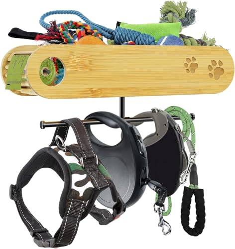 Dog Lead Hook with Shelf Made of Natural Bamboo, Dog Lead Hanger Designed for Dog Lovers, Ideal for Storing Dog Collars, Waste Bags, Food and Toys