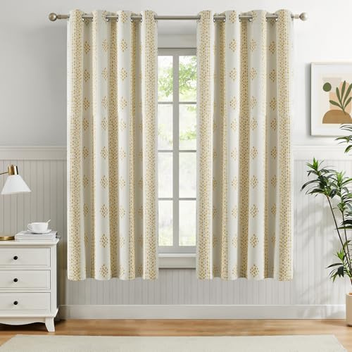 Melodieux Boho-Verdunkelungsvorhänge, 160 cm Länge, für Schlafzimmer, Wohnzimmer, verdunkelnd, gelb gestreift, 80% Verdunkelung, wärmeisoliert, Vintage-Baumwolle, strukturierte Vorhänge, 2 Paneele