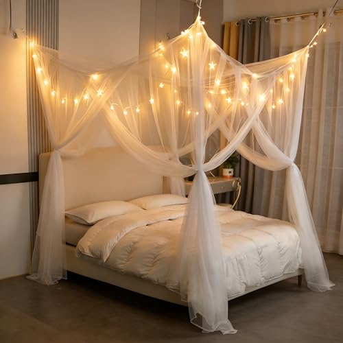 Anmas Box Mosquito Net Bed Canopy for Double Bed - White Four Corner Post Curtains, Elegant Drape With Hook & Rope, Screen Netting for Full
