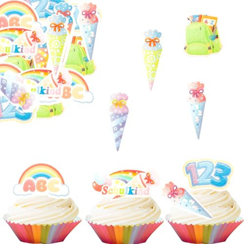 Gleevio Tortendeko Einschulung Essbar,48 Stk Cupcake Topper Einschulung,Essbare Schulkind Tortendeko,Kuchendeko Schulanfang,Esspapier Schulkind ABC 123 Zuckertüte Kuchen Deko Essbar für Junge Mädchen