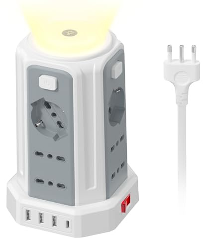 2 M Ciabatta Elettrica Multipresa con Luce Notturna 12 Prese Universali 10/16A ITA e Schuko e 3 USB A+1 USB C Protezione Sovratensione con 4 Interruttori Indipendenti per L'ufficio, La casa