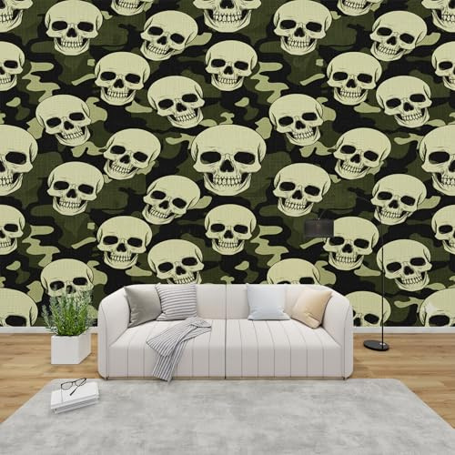 AevuCub Tapete Totenkopf, Fototapete Militär Camouflage Schlafzimmer, Tapeten Vliestapete Schädel Wohnzimmer, Wandtapete Kinderzimmer Tarnmuster Wanddeko, Mustertapete Vlies 200 x 140 cm (B x H)