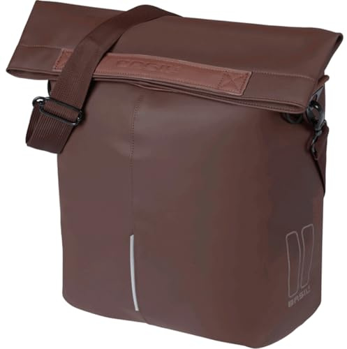 Basil Fahrradshopper MIK Hooks – 14–16L – Veganes Leder – Wasserfester Faltverschluss mit Magnet – Innenfach mit Reißverschluss – LED – Reflektierend – Abnehmbarer Schultergurt – Rostbraun