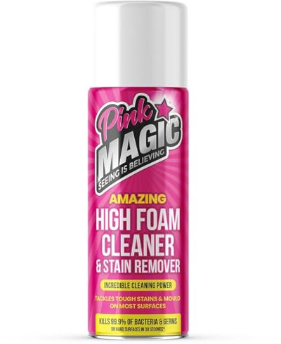Pink Magic High Foam Cleaner Stain Remover Kills 99.9% of bacteria & germs, cherry blossom fragrance TOUGH ON STAINS Red wine, Chocolate,Makeup, Fake tan, Grease, Oil, Dirt,Grime