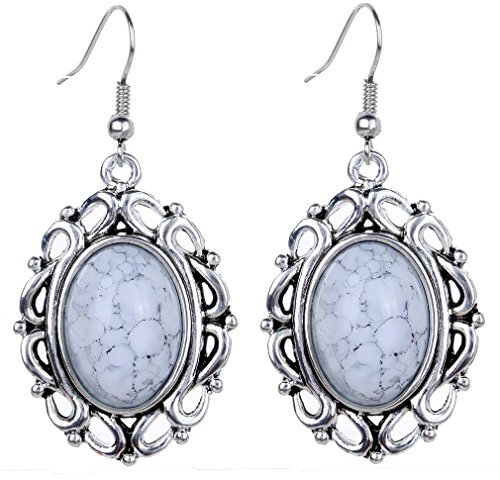 Yazilind Klassiker tibetischen Silber Weiß Oval Türkis baumeln Haken Ohrringe Frauen-Geschenk