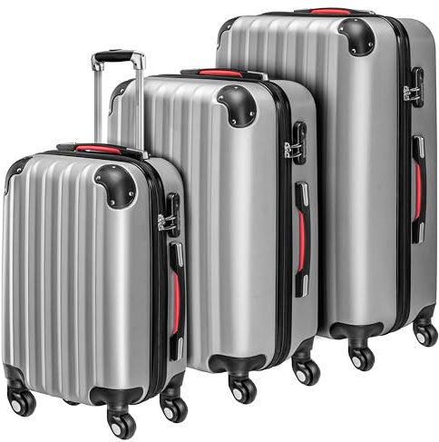 Monzana® 3tlg. Kofferset Baseline Hartschalen Koffer M-L-XL Gel-Griffe 4 Rollen Kantenschutz Schloss Standfüße Trolley Rollkoffer Reisekoffer Silber
