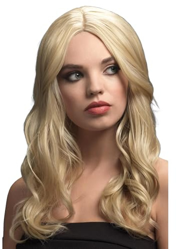 Smiffys Fever Khloe Wig, Dark Blonde Long Wave with Centre Parting, 56cm/22in, Fever Wigs Fancy Dress, Fever Dress Up Wigs