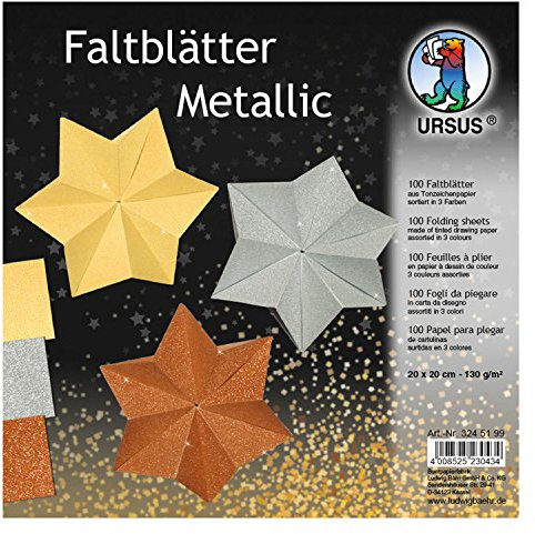 Ursus 3245199 - Faltblätter Metallic, aus Tonzeichenpapier 130 g/qm, 100 Blatt in 3 Farben, ca. 20 x 20 cm, durchgefärbt, hohe Farbbrillanz und Lichtbeständigkeit, ideal für schöne Faltfiguren