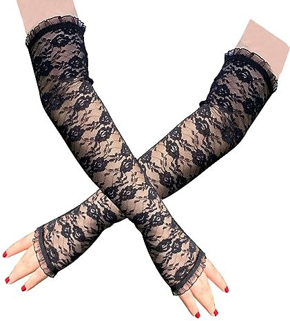 SUNTRADE Women's Long Lace Fingerless Gloves Halloween themed party Vintage Opera Wedding Flexible (Black)