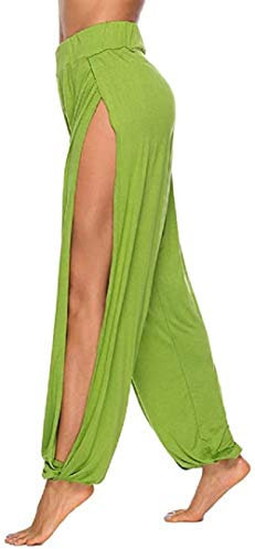 ASKSA Damen Hochschlitzige Haremshose Frauen Hippie Split Sport Hose Fitness Stretchhose Loose Fit Yogahose Sporthose (Grün,S)