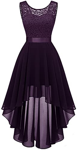 Berylove 7035 Vintage Robe de Cocktail Pin Up High Low en Dentelle Mousseline pour Mariage Soirée Bal Jupe Asymétrique sans Manche avec Ceinture Raisin 2XL