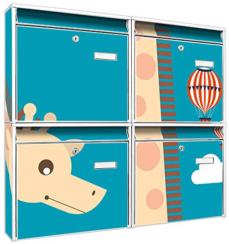 Briefkastenanlage 4 Fach | Postkästen 72x64x10cm groß | verzinkter Stahl weiß DIN A4 Motiv Long Tall Sally | Briefkasten Set 4 Briefkästen Namensschild, 2 Schlüssel, Montagematerial