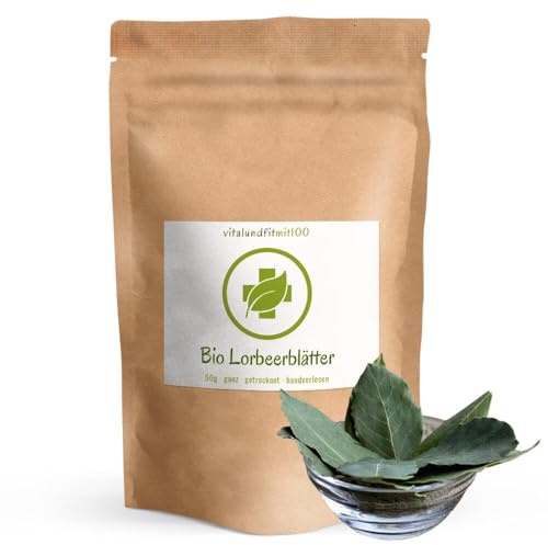 vitalundfitmit100 Bio Lorbeerblätter ganz 50 g, aromatisch, vegan, aus der Türkei