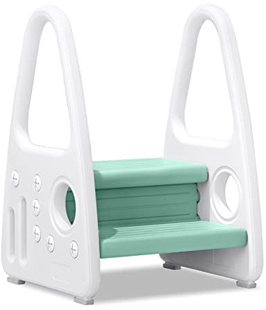 HENGMEI Kinder Tritthocker Trittschemel Lernturm Kleinkind Trittstufe Tritthocker Schemel Stehender mit 2 Stufen aus Kunststoff für Kinderzimmer, Küche und Badezimmer, Grün