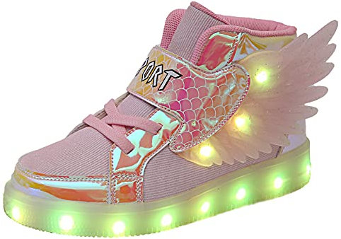 YUNICUS Baskets lumineuses pour enfants avec chargement USB et ailes clignotantes - Baskets montantes à LED pour filles, garçons, Halloween, Noël, anniversaire, rose, 30 EU