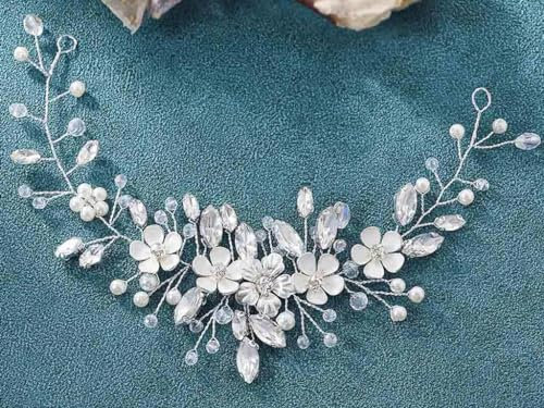 Relandy Braut Hochzeit Haarrebe Blume Braut Haarteil Silber Kristall Stirnband Haarschmuck für Frauen und Mädchen