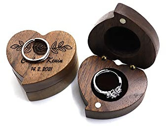 Zopmopae Personalisierte Ehering-Box aus Holz mit Herz, rustikale Ehering-Träger-Box, individueller Verlobungsring-Halter, dekorative Schmuckschatulle für Hochzeitstag, Brautdusche, Vorschlag