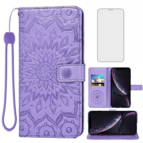 Phone Case for iPhone XR Wallet Cases with Tempered Glass Screen Protector Leather Flip Cover Card Holder Stand Cell Accessories iPhoneXR iPhone10R i Phonex 10XR 10R 10 R RX CR Women Purple