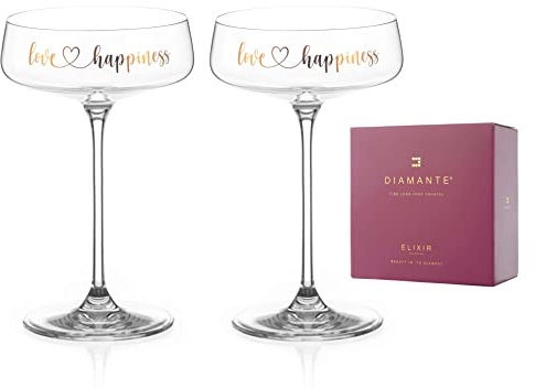 DIAMANTE Set of 2 Champagne Cocktail Coupes Gold Saucers Pair - ‘Love & Happiness’ Wedding Anniversary Happy Couple Slogan Real Gold Print - Set of 2