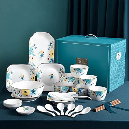 BEZAX Juego de vajilla de 29 Piezas para 6, Platos de China, tazones, Platos de Sushi, Palillos y cucharas, Juego de vajilla de Porcelana Blanca Pintada
