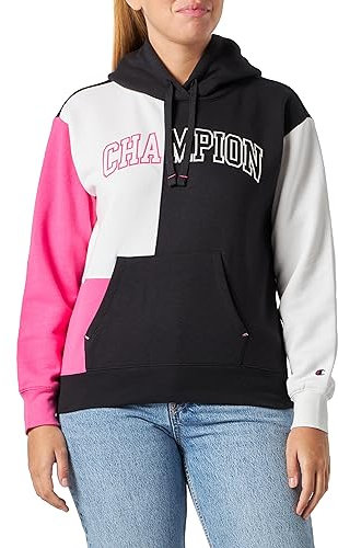 Champion Legacy Color Punch W-Light Powerblend Colorblock Fleece Hoodie Women, Black/Off White/Fuchsia, S