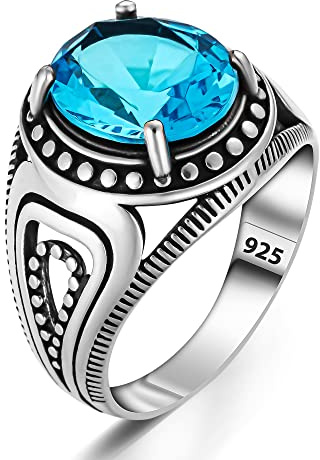 Herren-Ring aus massivem 925er Sterlingsilber mit Aquamarin-Stein, Sterlingsilber, Aquamarin
