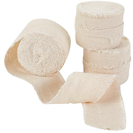 OLYCRAFT 5m 3 Rouleaux Ruban de Lin en Coton avec Bobine 4cm de Large Rubans effilochés Faits à la Main Ruban à Franges à Pompons pour l'emballage de Cadeaux Le Mariage la décoration de Vacances