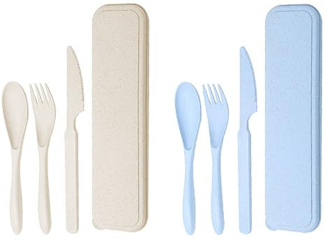 Jitnga De Couverts Portables, Couvert Plastique Reutilisable, Pour Pique-Nique Et Camping De Voyage(Beige Nordique Et Bleu Nordique)