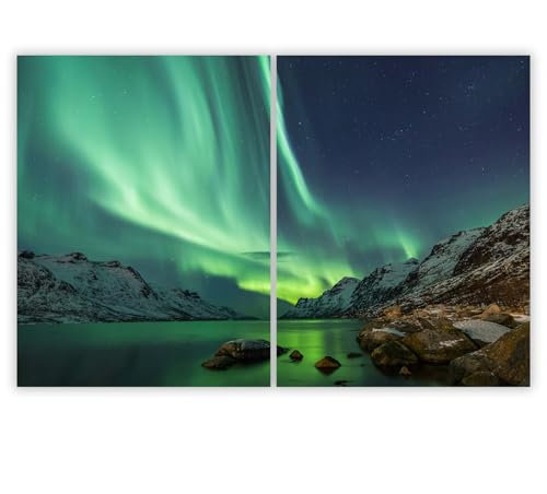 SMTDeco Herdabdeckplatte 2×40×52 cm – Mehr Arbeitsfläche, Spritzschutz & Schneidebrett – ESG Glas, kratzfest – für Induktion/Ceranfeld – 2-teilig, Motiv Nordlichter Grün