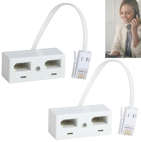 2pcs Telephone Splitter,2 Way Double Phone Socket Adaptor,Double Phone Socket Adaptor,Doubler Splitter,Telephone Wall Adaptor and Separator,Male Plug to Double Female,White