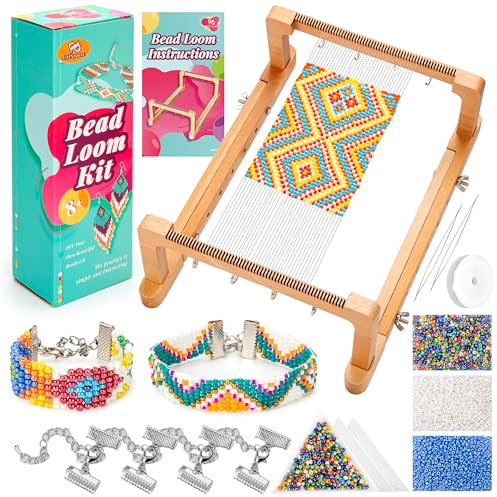 PP OPOUNT Verstellbares Perlen-Webstuhl-Set, Holzwebstuhl-Perlenzubehör mit detaillierter Anleitung (evtl. nicht in deutscher Sprache), praktisches Zubehör zur Schmuckherstellung, für Erwachsene,