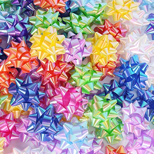 Dooozy 100 Pcs 2 Geschenkschleifen Selbstklebend, 10 Irisierend Farbe Geschenk Schleife für Festival Weihnachten Geschenkverpackung