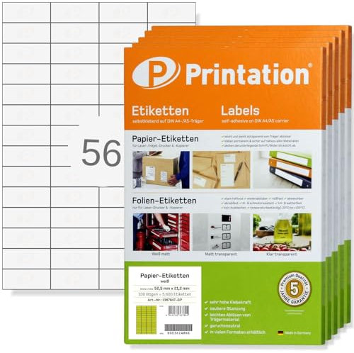 Printation Etiketten 52,5 x 21,2 mm - BigPack / 28000 Aufkleber auf 500 DIN A4 Bogen à 4x14 52,5x21,2 Universal Labels - Drucker Klebepapier/Haftetiketten weiß selbstklebend bedruckbar 3668 4273 5052