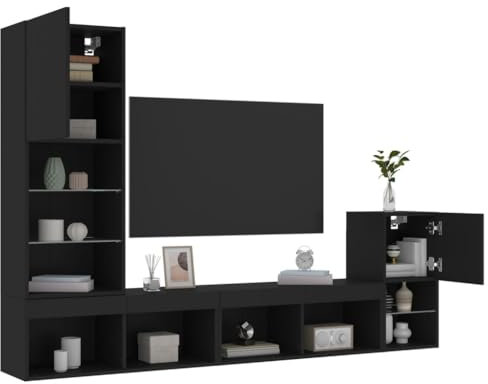 Gecheer 4-TLG. Wohnwand TV-Lowboard, Kommode, Wandregal, Wohnzimmer-Set, Modern Design mit LED-Beleuchtung Schwarz Holzwerkstoff Type3