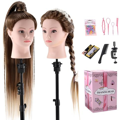 Frisierkopf Echthaar Friseur Übungskopf 24 Zoll Frisieren Trainingsköpfe für Friseure Ausbildung Kopf Mit Halter + DIY Haare Set