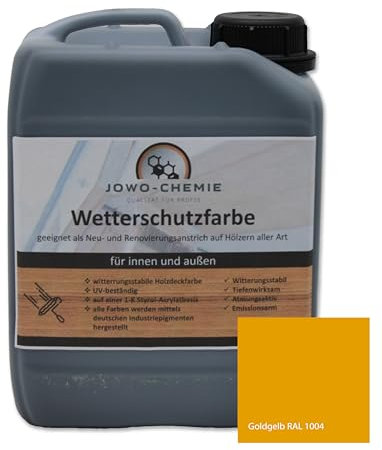 JOWO-CHEMIE Peinture de protection contre les intempéries (5 kg) Peinture pour bois, clôture, jardin sur bois de toutes sortes, Grand choix de couleurs Peinture acrylique (jaune doré)