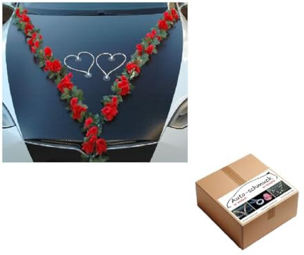 VIP Girlande 30 Azaleen 30 Rosen 18 extrastarken Saugnäpfen 2 x 180 cm Girlande 4 Türgriffdekorationen 2 Rattanherzen Braut Paar Autoschmuck Hochzeit Car Auto Wedding PKW ®Auto-schmuck (Rot 2)