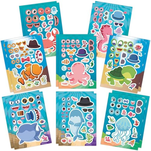 16 Sheets Ocean Animals Stickers for Kids DIY Make a Face, Art Craft Make Your Own Personalized for Birthday Party Supplies, Party Bag Filler Favors for Boys Girls