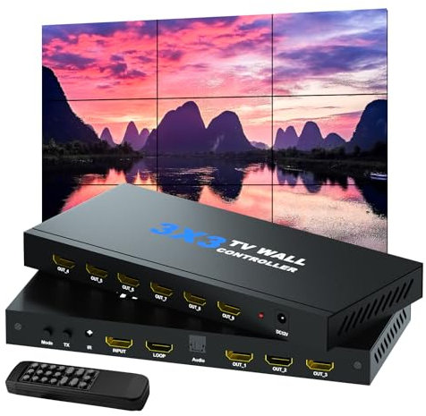 BOOBRIE Videowand-Controller, TV-Wandprozessor 3x3 4K-Eingang & 1080P HDMI-Ausgang für 9 TV-Spleißdisplay, 180 Grad drehbar, 14 Spleißmodi 3x3 3x2 2x2 3x1 1x4 2x3 4x2 2x4