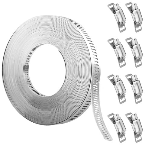 Hose Clamp 3 Meters/9.84 Feet, Stainless Steel Jubilee Clips with 8 Fasteners, Adjustable Hose Pipe Clips, DIY Worm Clamp, Pipe Clamp for Plumbing, Exhaust Ducting Tube and Fuel Line
