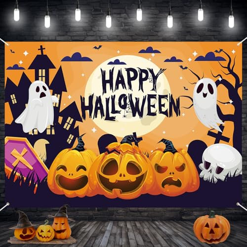 Happy Halloween Banner - Trick or Treat Party Deko, Extra Große Hängende Dekoration, Orange Hintergrund für Kinder Zuhause Wand Outdoor Garage