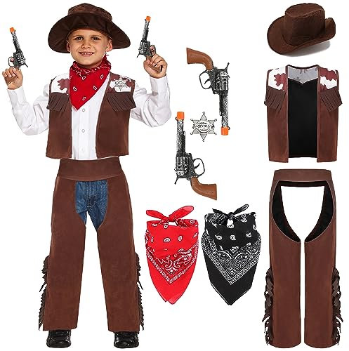Velmawig Cowboy Kostüm Kinder Deluxe Zubehör Set Western Cowboy Polizei Cosplay Karneval Kostüm mit Sombrero Cowboyhut Weste Halstuch Bandana für Jungen Mädchen Geburtstagsparty Dress Up VL006-XL
