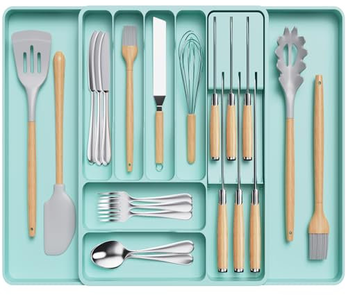 Lifewit Silverware Organizer for Kitchen Drawer, Expandable Utensil Tray, Adjustable Cutlery Flatware Holder, Plastic Spoon Forks Holder Storage Divider, Large, Turquoise