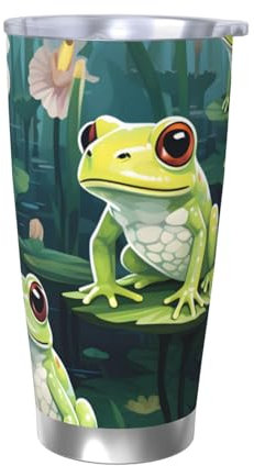 Mexpekil Insulated Travel Mug Iced Coffee Cup Travel Mug Stainless Steel Smoothie Cup Car Coffee Mug Pond Lotus Frog Tumbler with Lid no Straw, 590ml